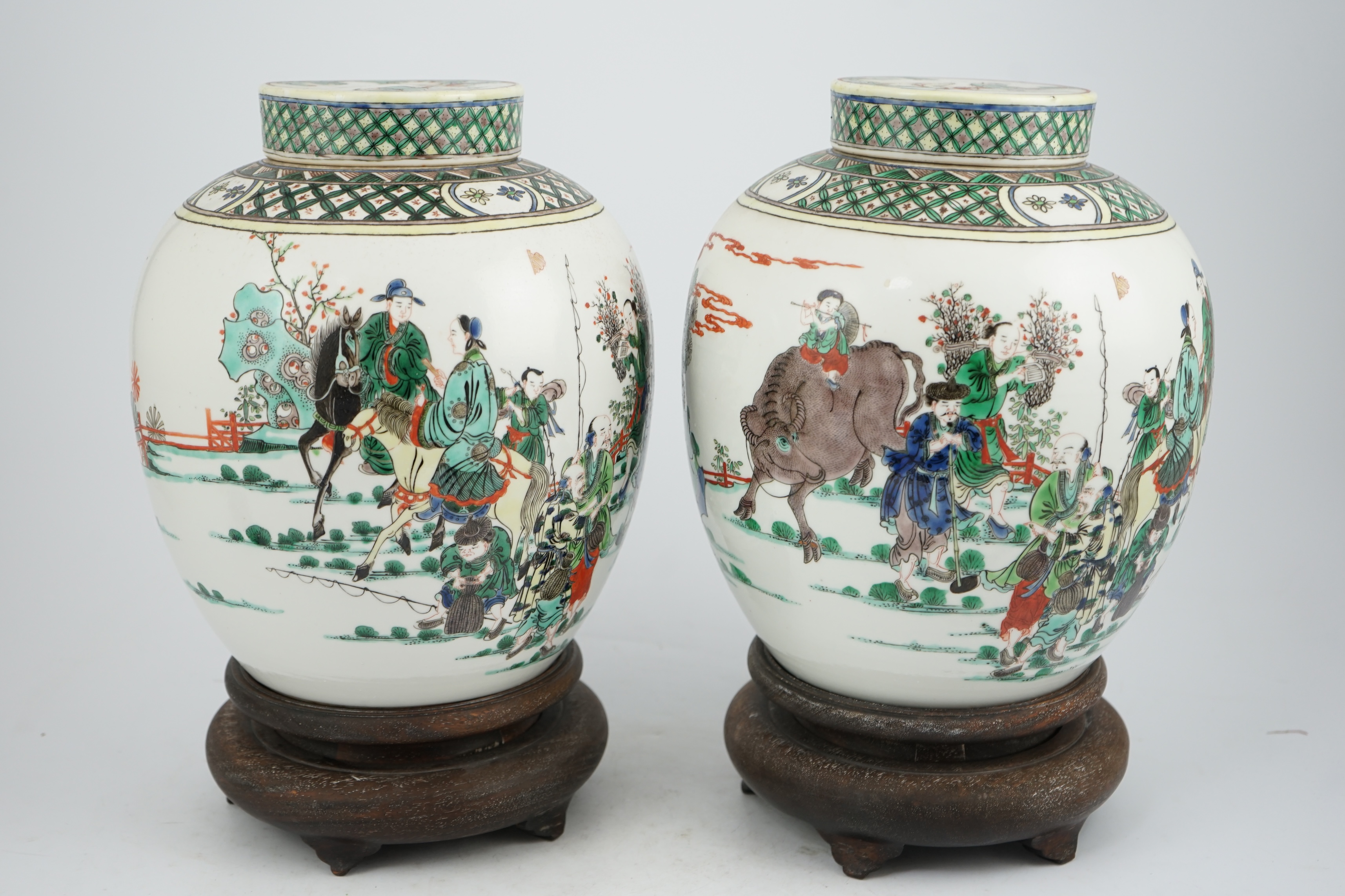 A pair of large Chinese famille verte globular jars and covers, early 20th century